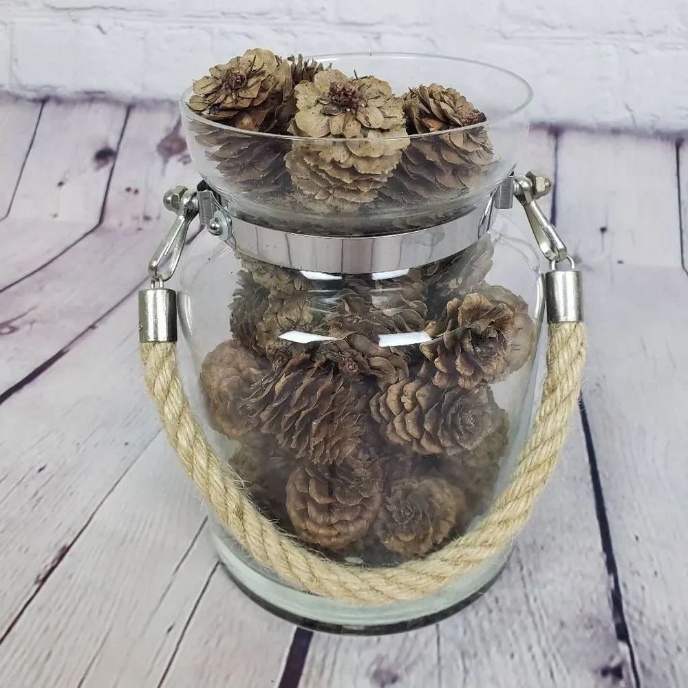 Rustic Nautical Decorative Rope Jar with Mini Pinecones Craft Decor Farm Holiday
